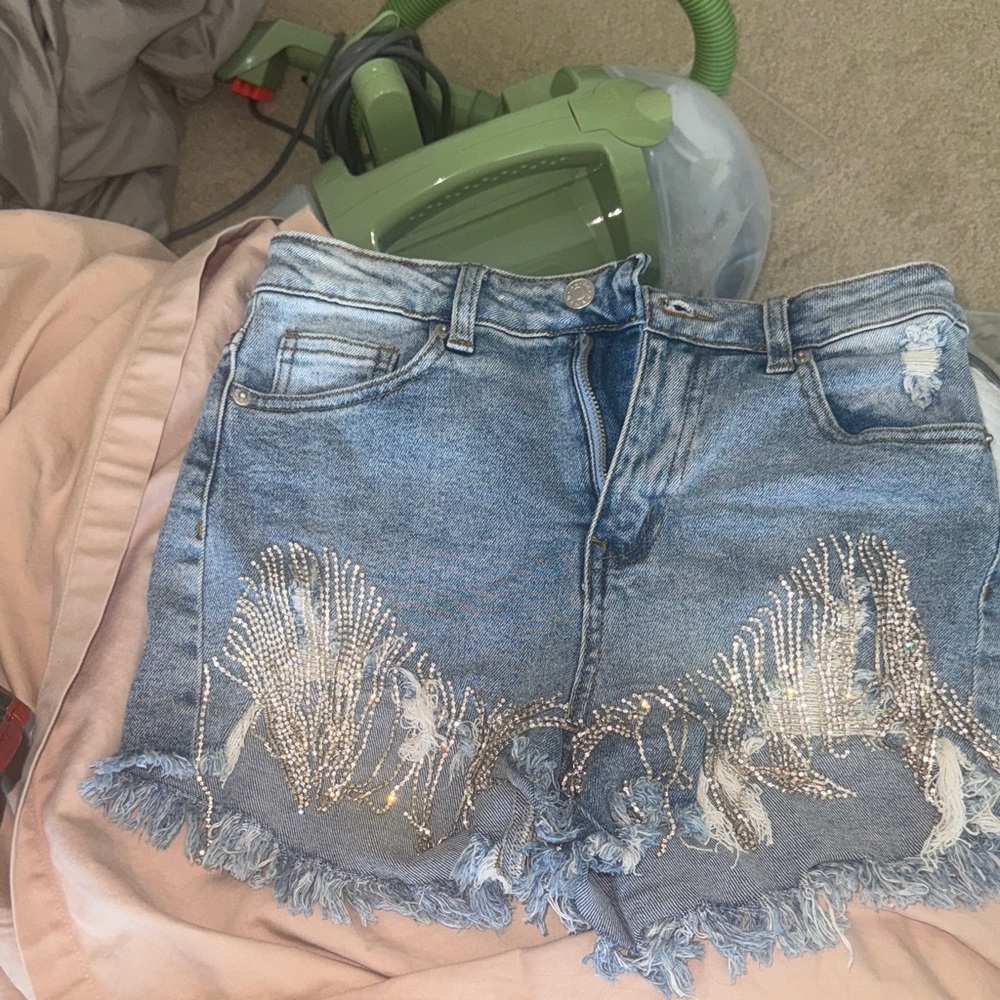 AKIRA Blue Distressed Jean Shorts with Silver Embellishments